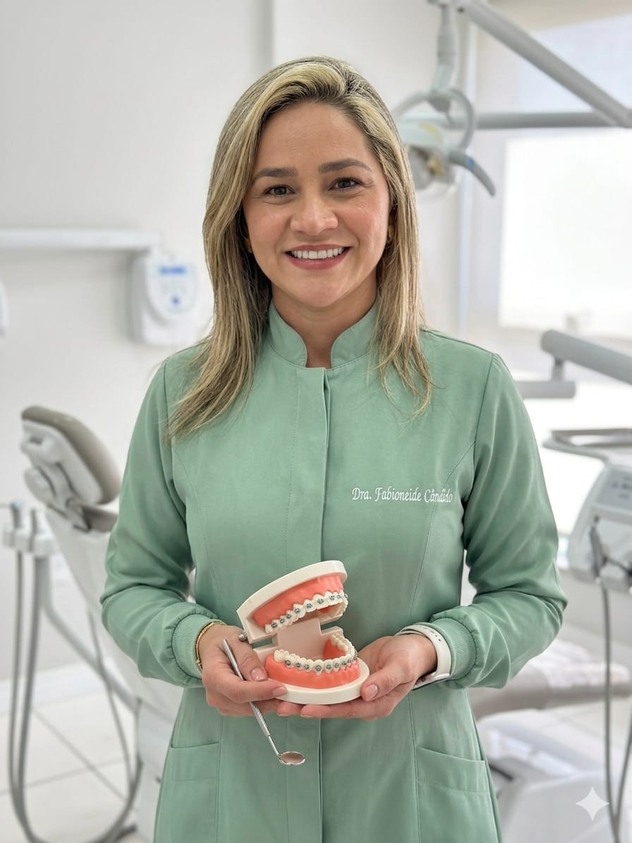Dra. Fabi Cândido com scrub verde apresentando modelo com aparelho ortodôntico