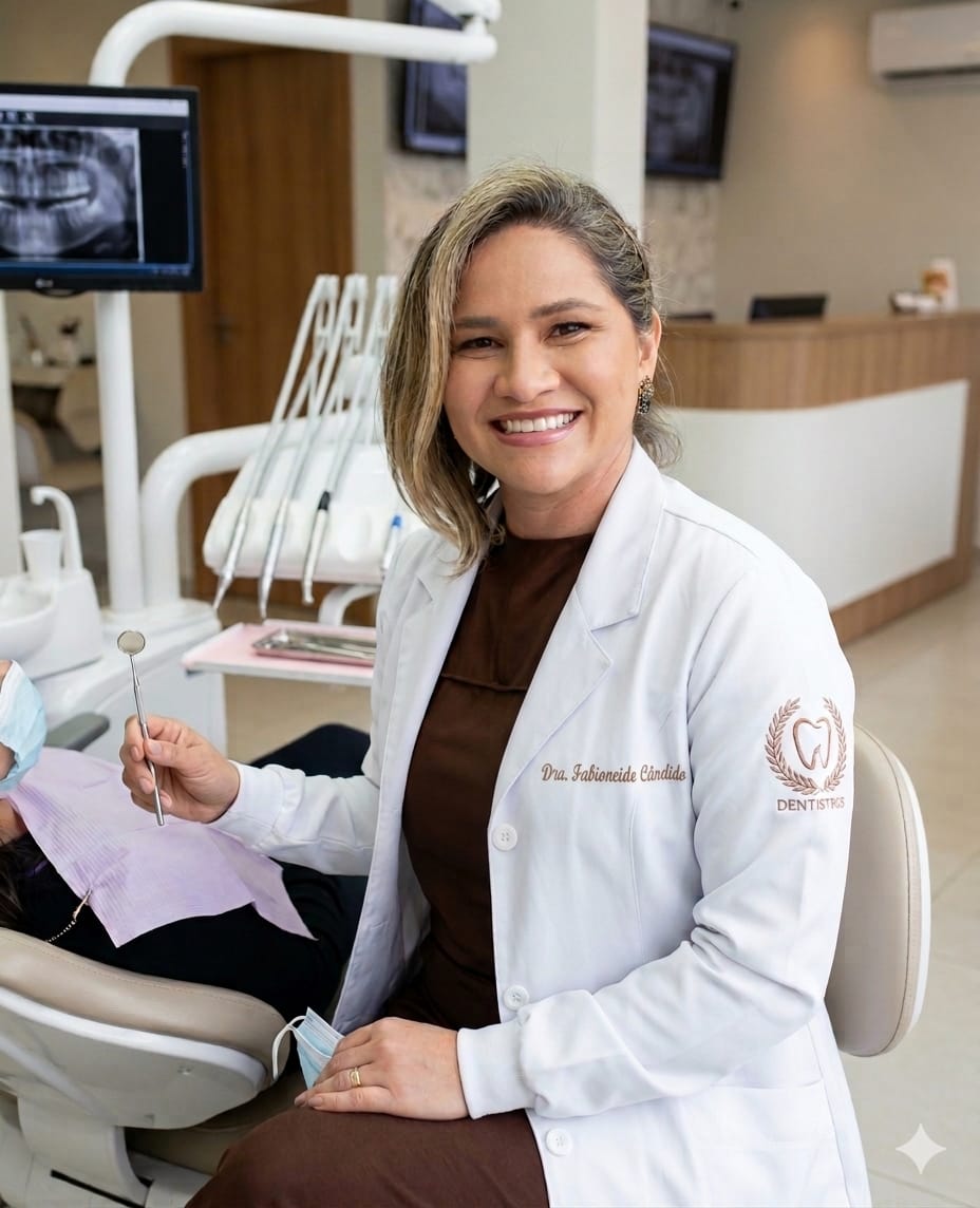 Dra. Fabi Cândido sentada ao lado da cadeira odontológica