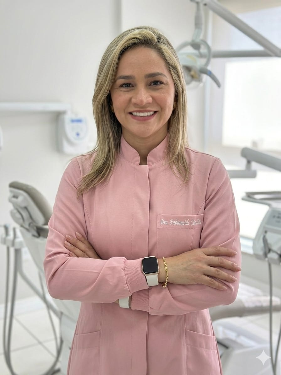 Dra. Fabi Cândido em atendimento no consultório, com jaleco e postura acolhedora